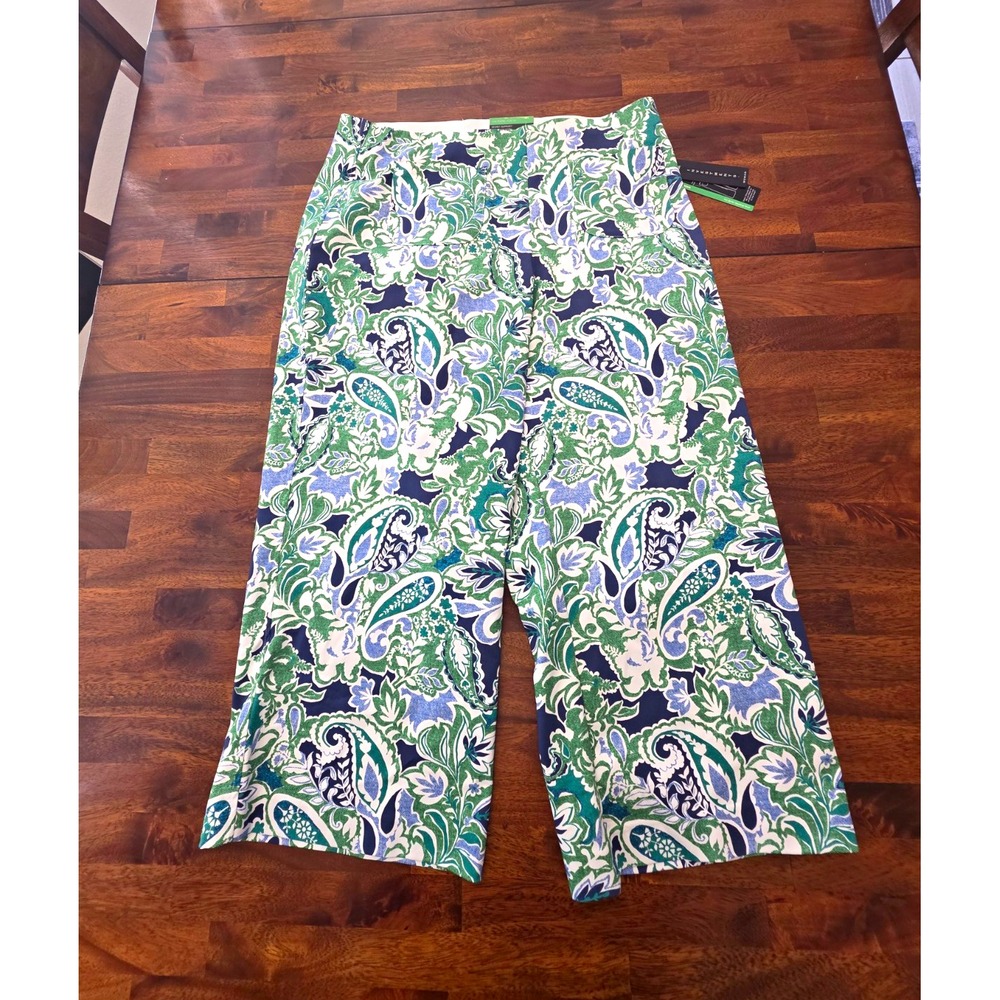 investments woman womens pants 16W green blue white paisley cropped wide leg 035